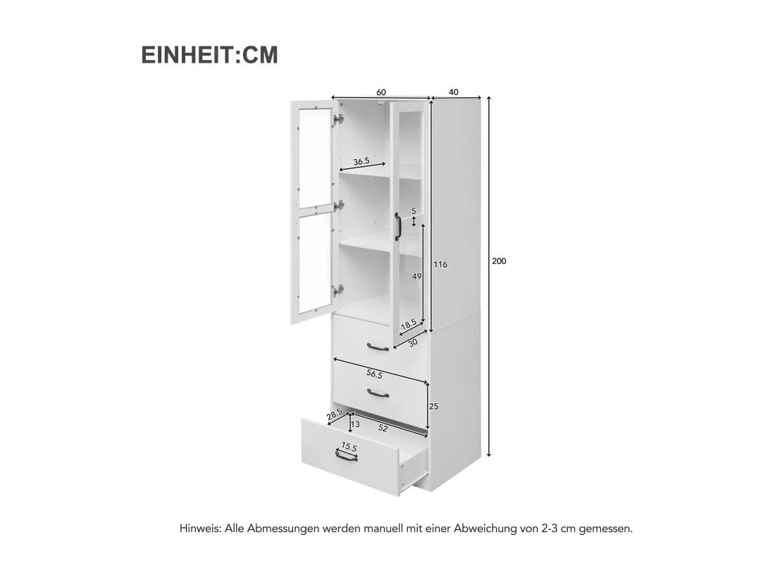 Vitrine avec 3 tiroirs et 2 portes vitrées - LEDs - Bois en MDF - laqué blanc - 60 x 40 x 200 cm