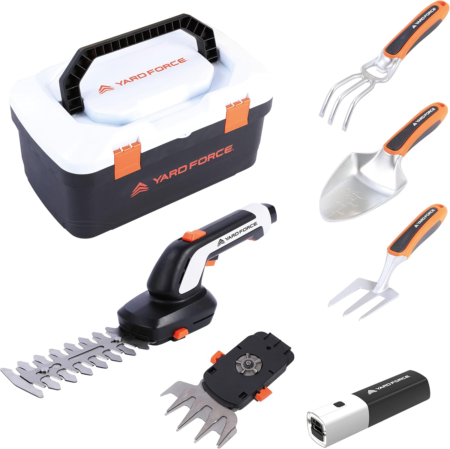 Yard Force VITA Gartenwerkzeug Set 6-teilig inkl. Koffer I Elektrische Grasschere mit 4Ah Akku & Ladegerät I Hochwertige Gartengeräte für kleine Gärten und Balkon