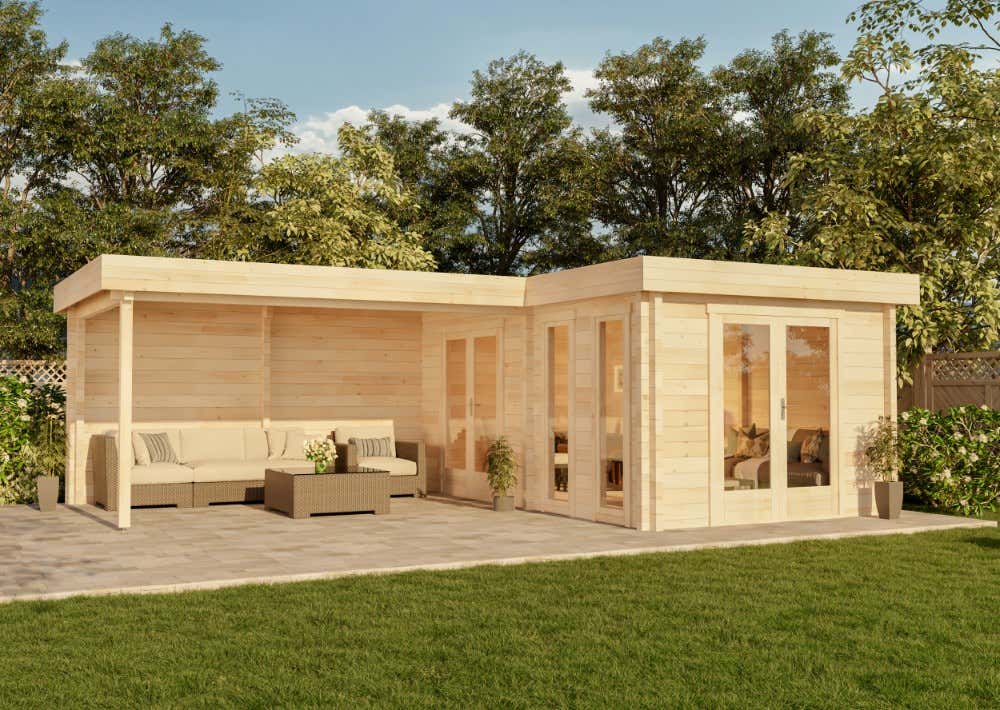 Alpholz Quinta ISO platdak tuinhuis, houten tuinhuis met 44 mm wanddikte inclusief lessenaarsdak, blokhut met bevestigingsmateriaal, natuurlijke afwerking, 7x5m
