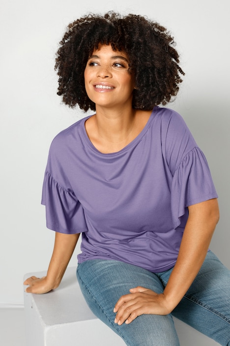 T-Shirt, oversized, U-Boot-Ausschnitt, Rüschen-Halbarm