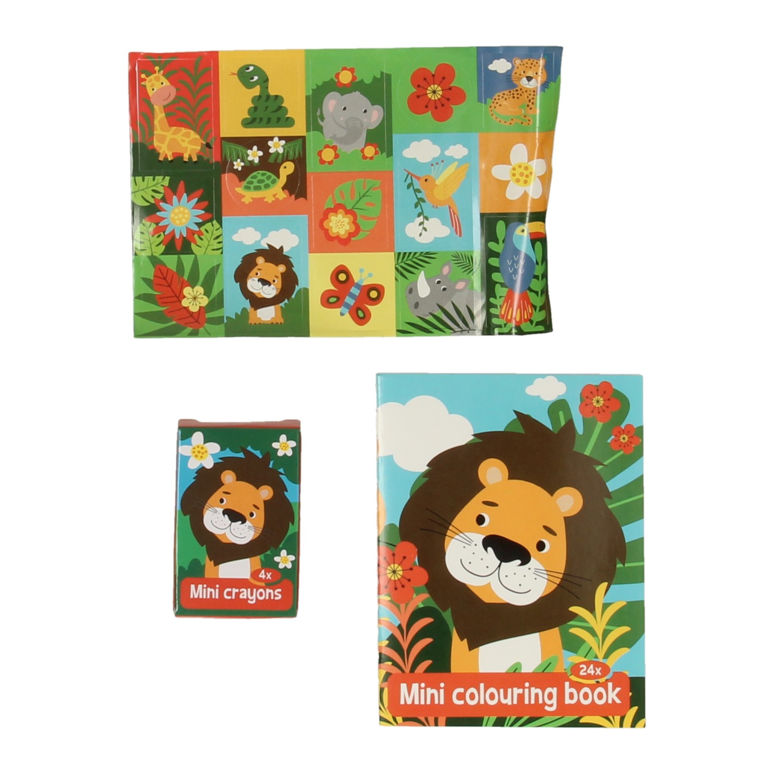 Traktatiesetje Wilde Dieren: Kleurboekje, Waskrijtjes & Stickervel
