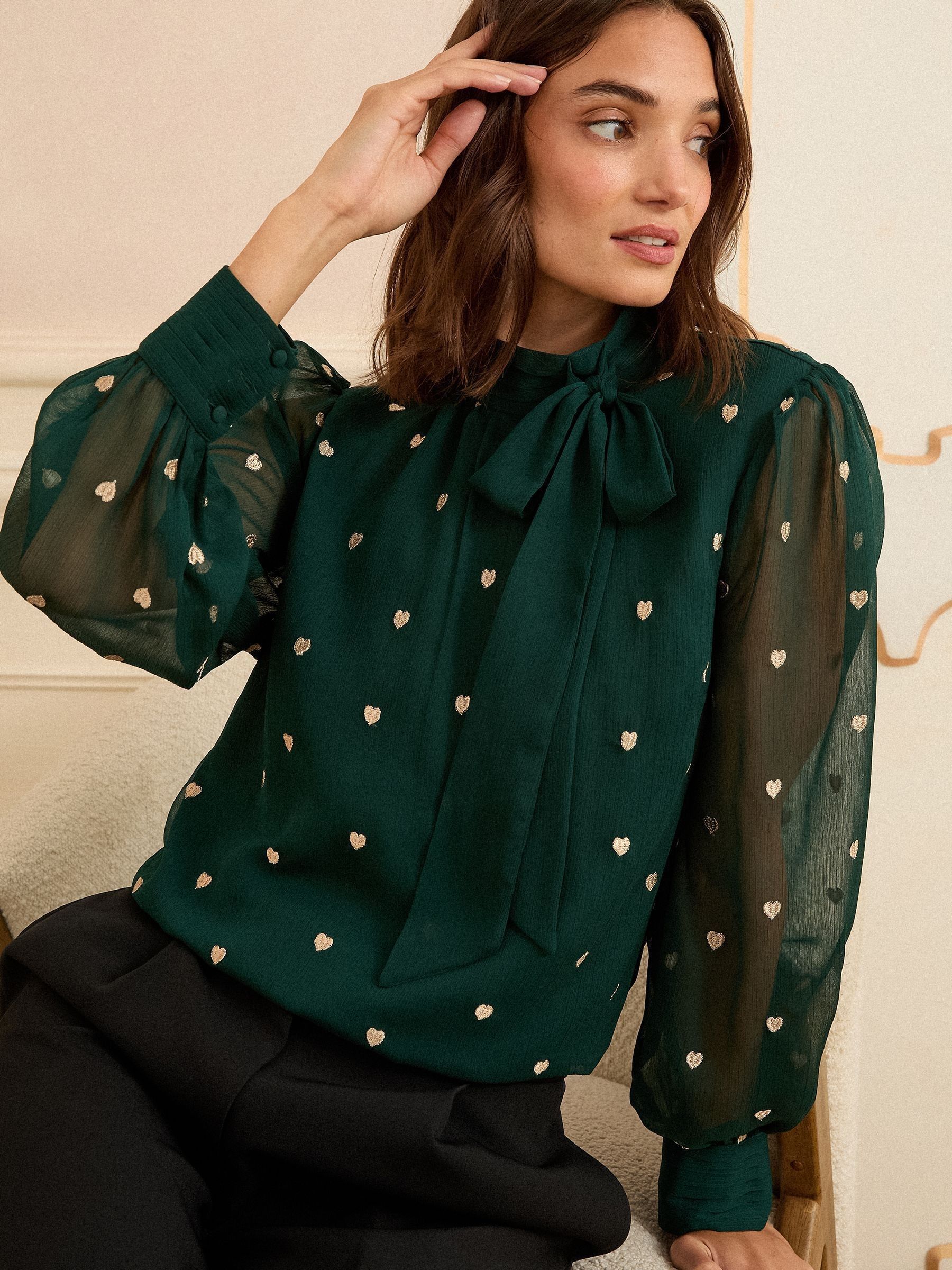Forest Green Gold Embroidered Heart - Love & Roses Long Sleeve Pussybow Blouse