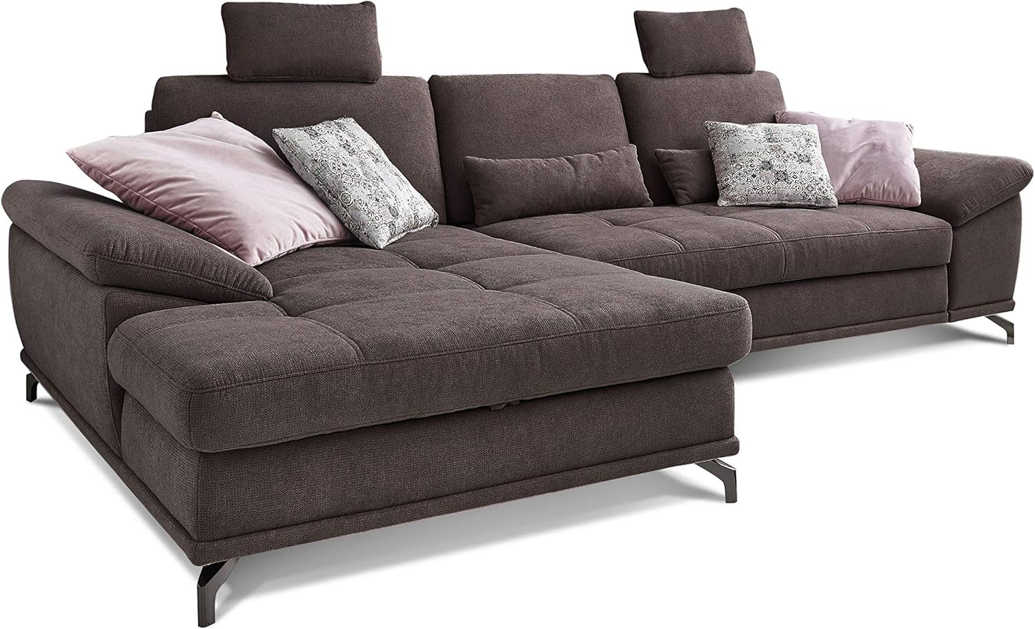 Cavadore L-Form-Sofa Castiel mit Federkern / Große Eckcouch mit Sitztiefenverstellung, Kopfstützen und XL-Longchair / 312 x 114 x 173 / Webstoff, Dunkelbraun