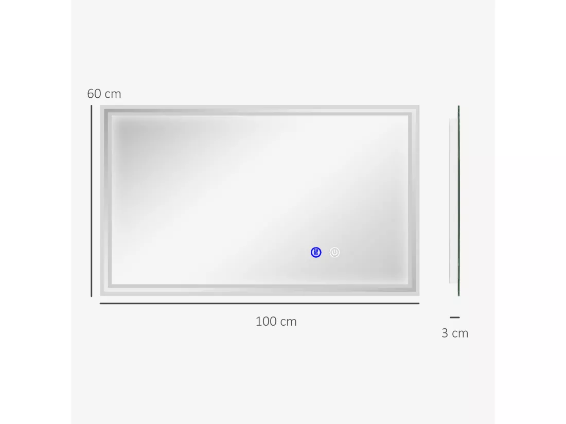 Miroir LED mural de salle de bain - 100L x 60H cm - luminosité réglable 3 couleurs - interrupteur tactile - système antibué
