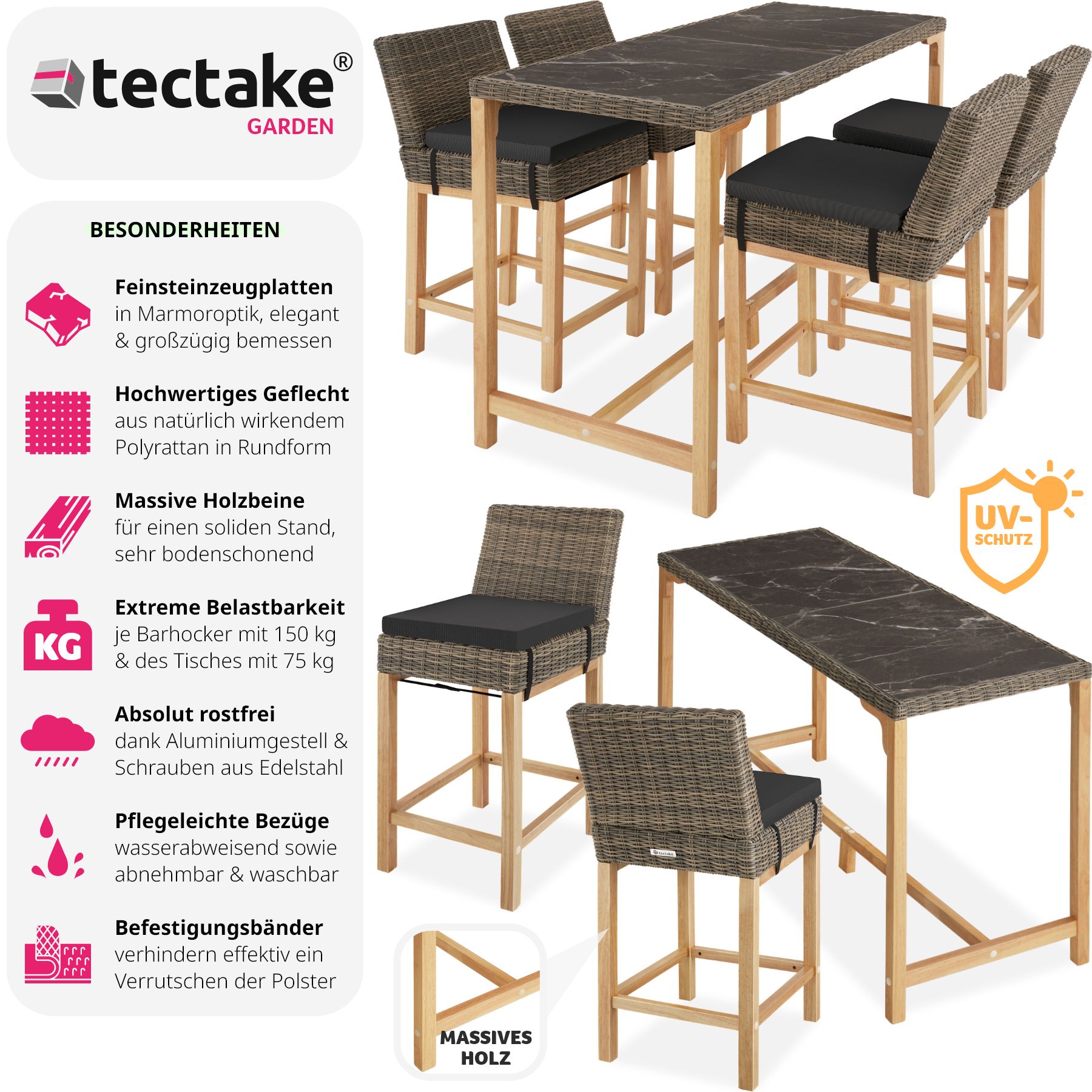 tectake® Rattan Tisch Lovas mit 4 Stühlen Latina, mit Aluminiumgestellen, wetterfest und UV-beständig, Beine aus Holz