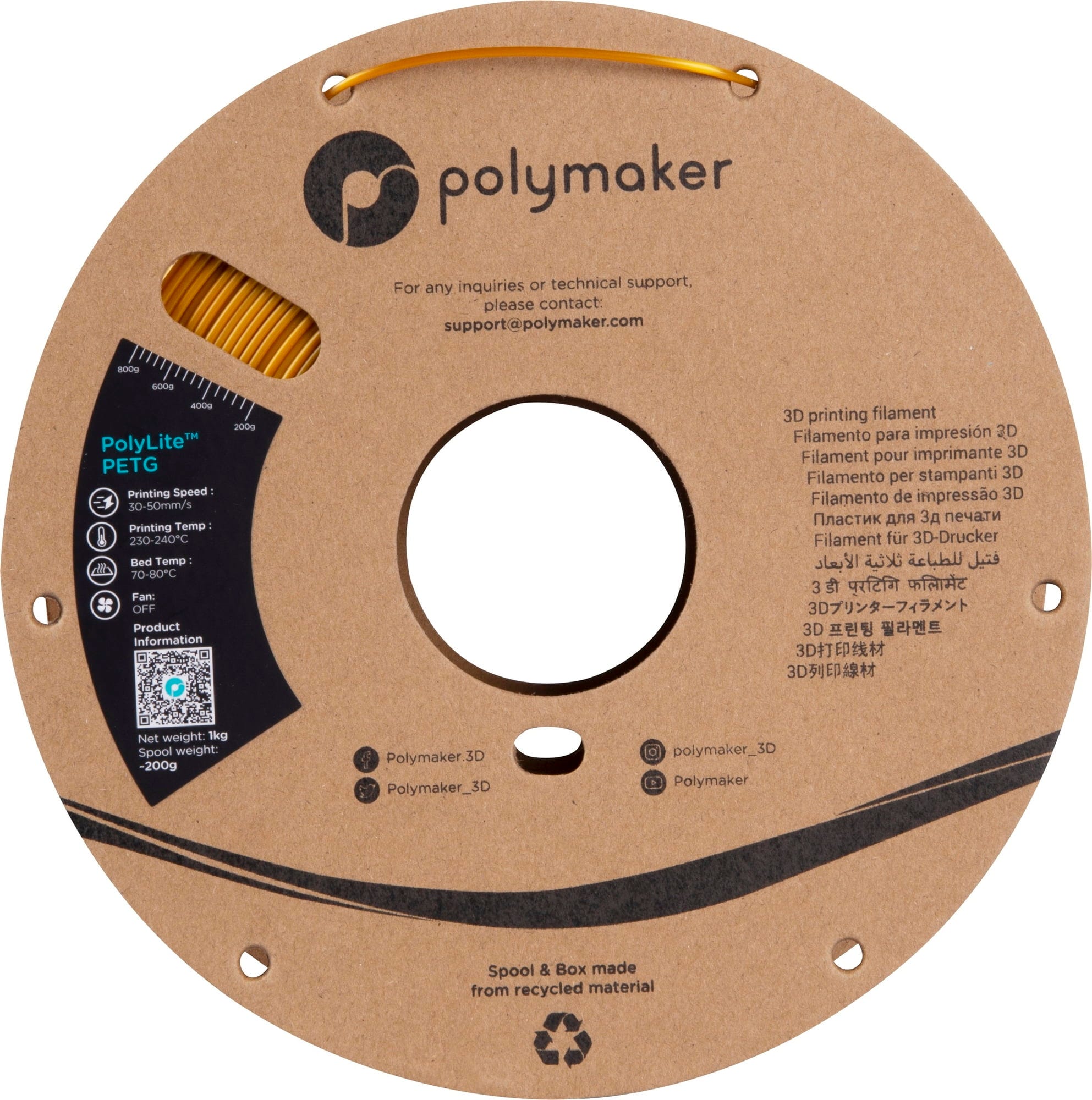 Polymaker  PolyLite PETG Gold, 1,75 mm (1.000 g)    Großartiges Allround-Filament für den täglichen Druck in Gold