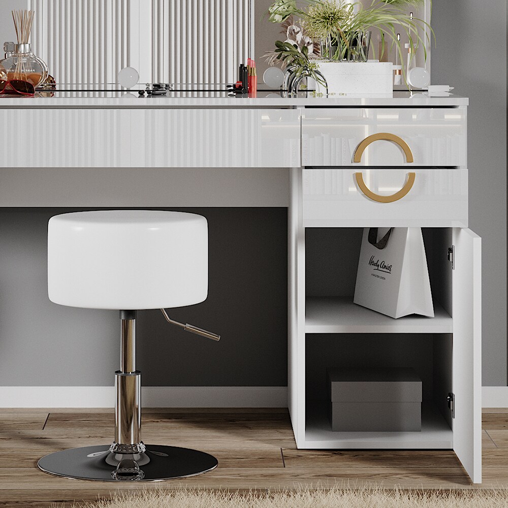 Vicco Schminktisch Adela Weiß Hochglanz, 115 x 76,4 cm mit Spiegel, LED, Hocker