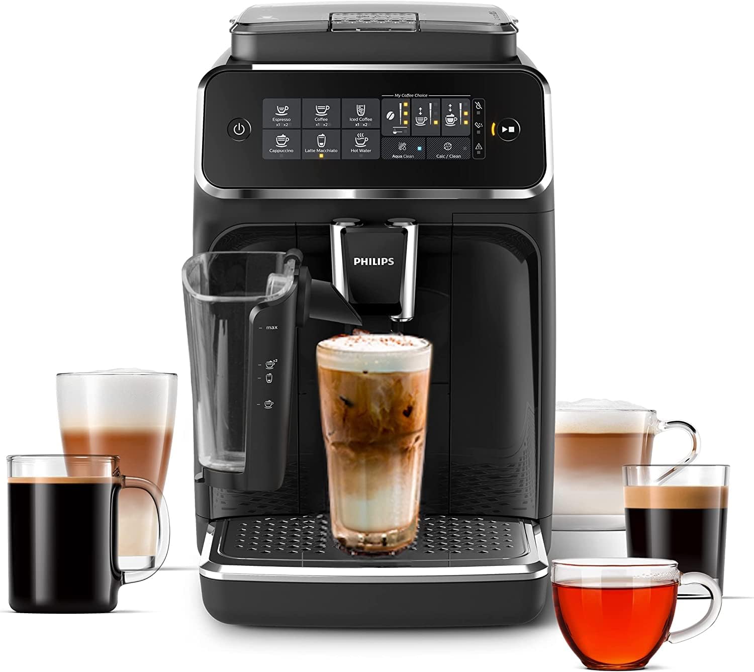 Máquina de café expresso totalmente automática Philips Série 3200 - Espumador de leite LatteGo e café gelado, 5 variedades de café, visor tátil intuitivo, preta (EP3241/74)