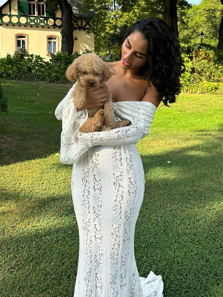 Autuna - Lange mouw off-shoulder maxi-zeemeerminjurk met strik aan de voorkant en kant