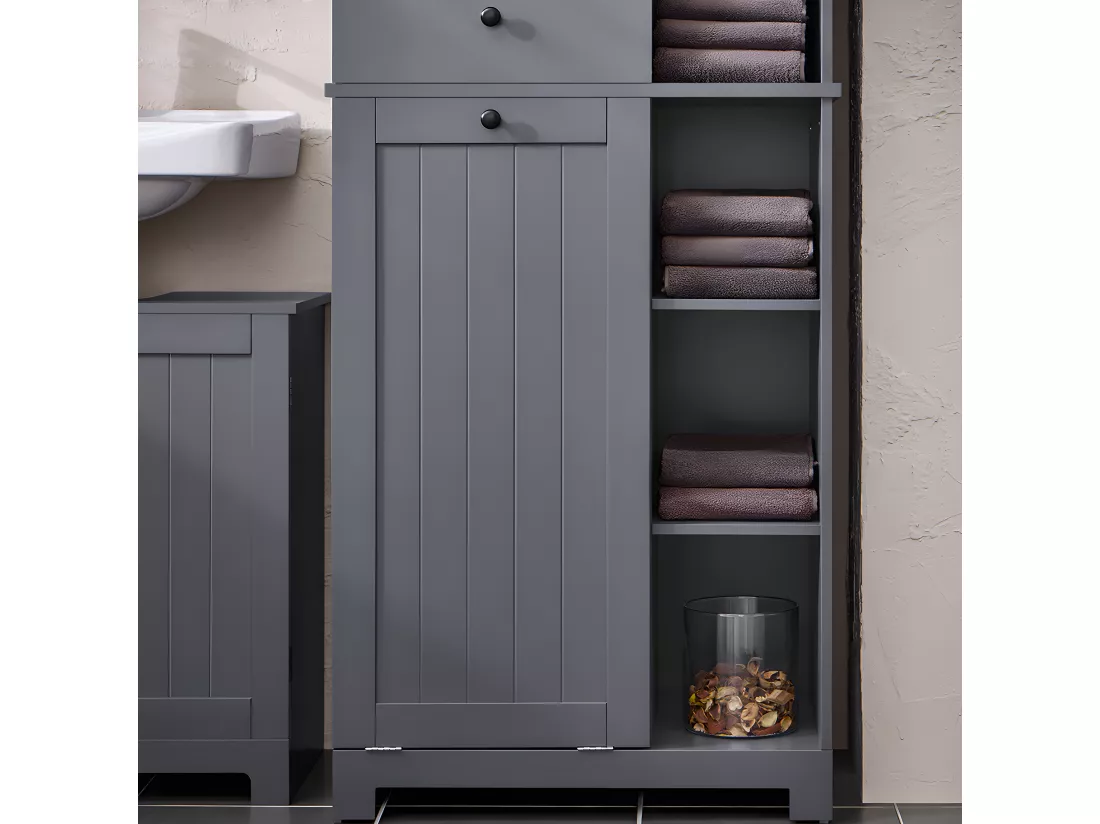 SoBuy Meuble Colonne de Salle de Bain Placard Armoire Toilette Haute Meuble de Rangement pour Salle de Bain Buanderie, avec 2 Portes et 2 Tiroirs, 6 Étagères et 1 Panier à Linge 60x37x170cm, BZR104-DG