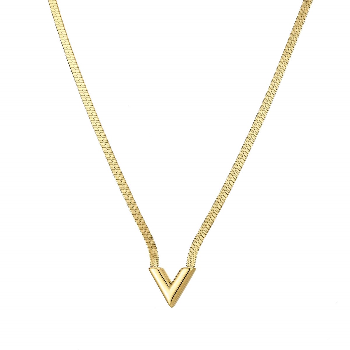 Collier V Maille plate acier doré or