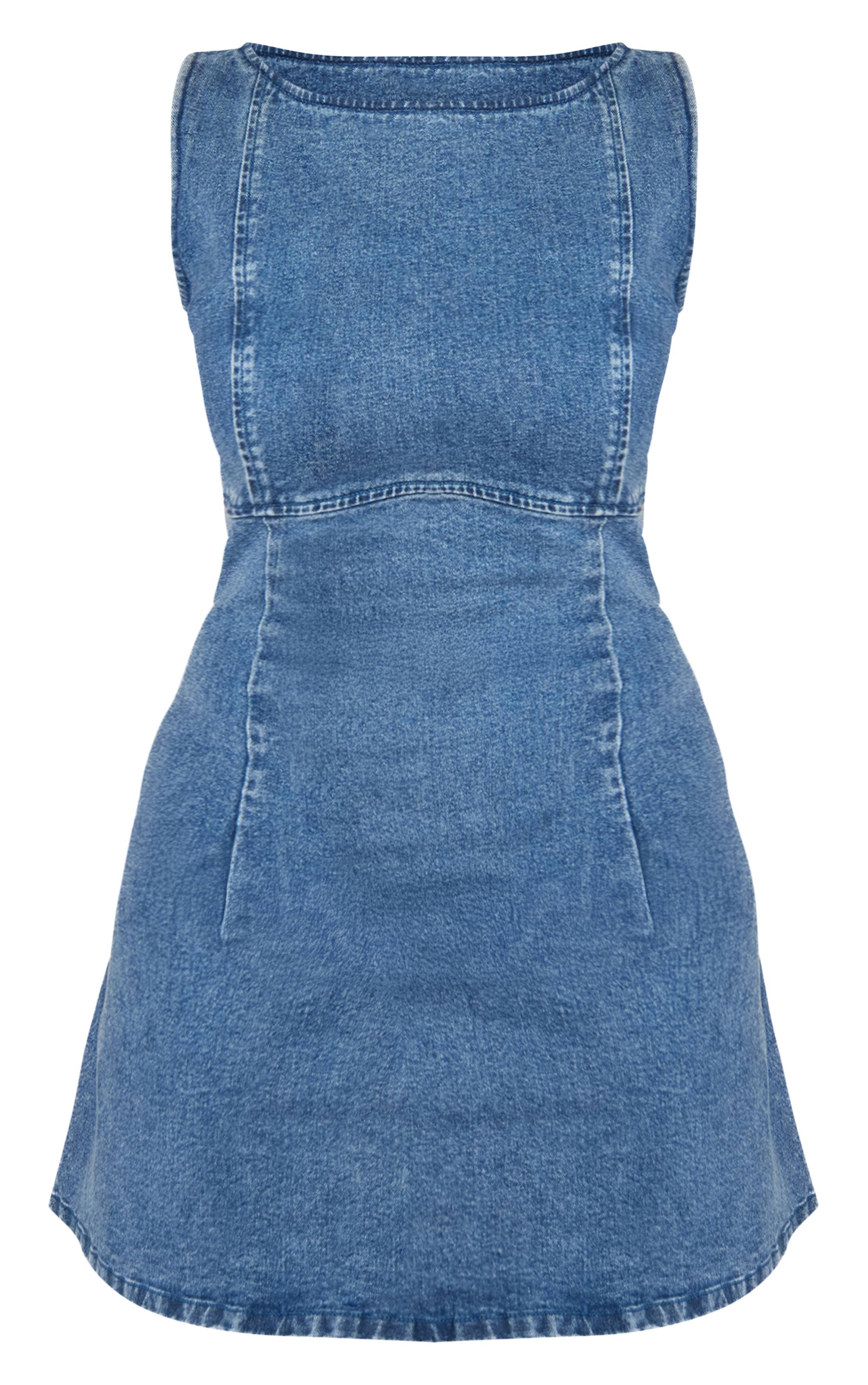 Bleu Foncé Robe Mini Évasée En Denim Stretch À Encolure Bateau Shape