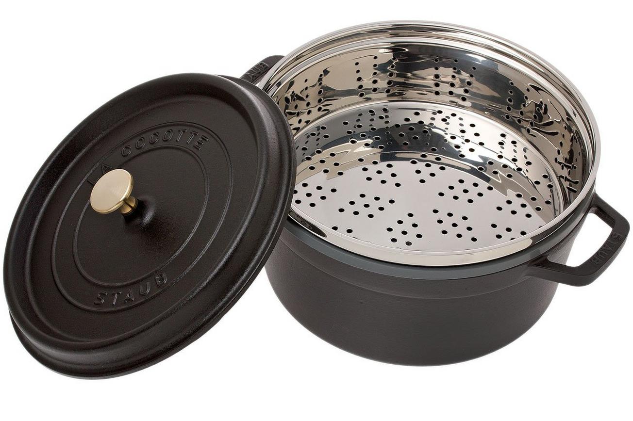 Staub braadpan - cocotte 26cm, 5,2L, zwart met stoominzet