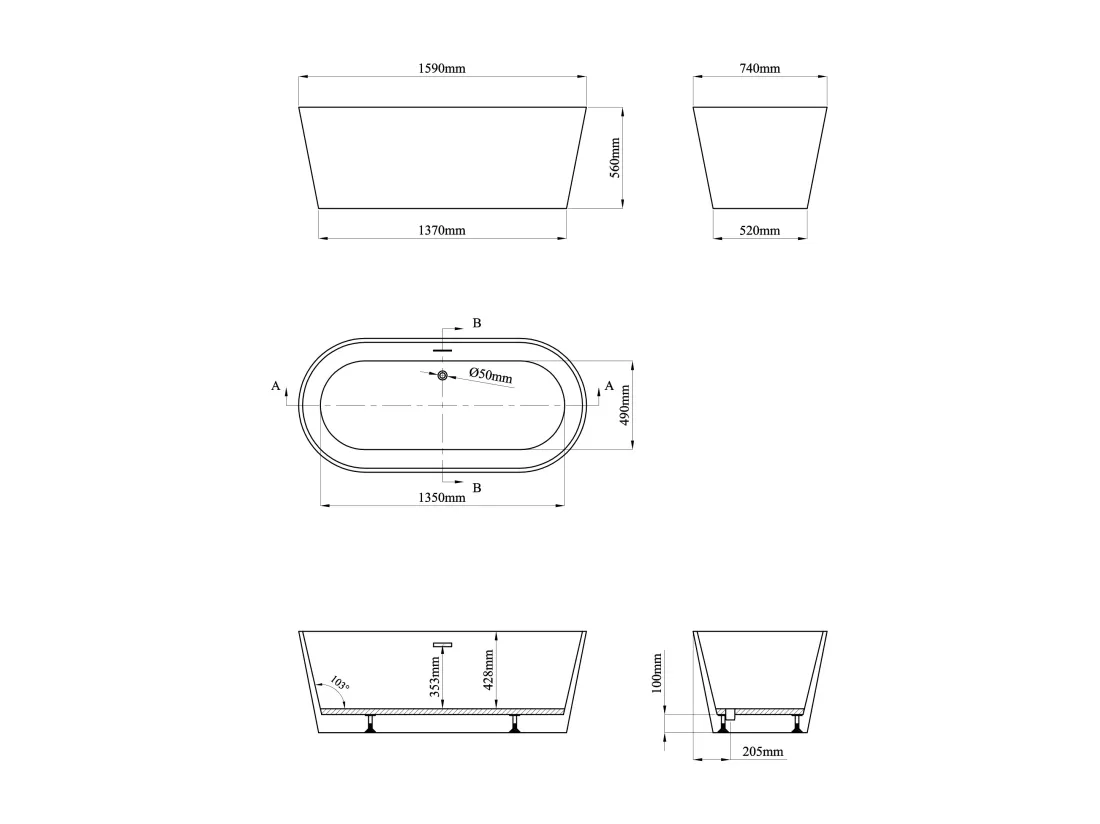 Baignoire îlot ovale - 255L - 159 x 74 x 56 cm - Kaki mat - Acrylique - LUZECA