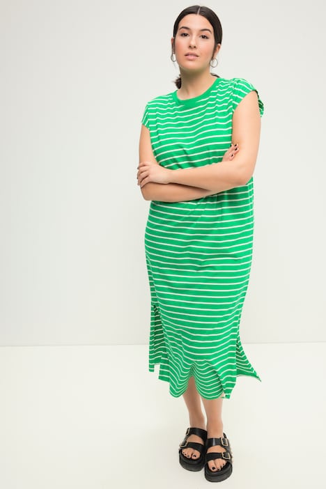 Jersey-Midikleid, oversized, geringelt, Rundhals, ärmellos, Seitenschlitze