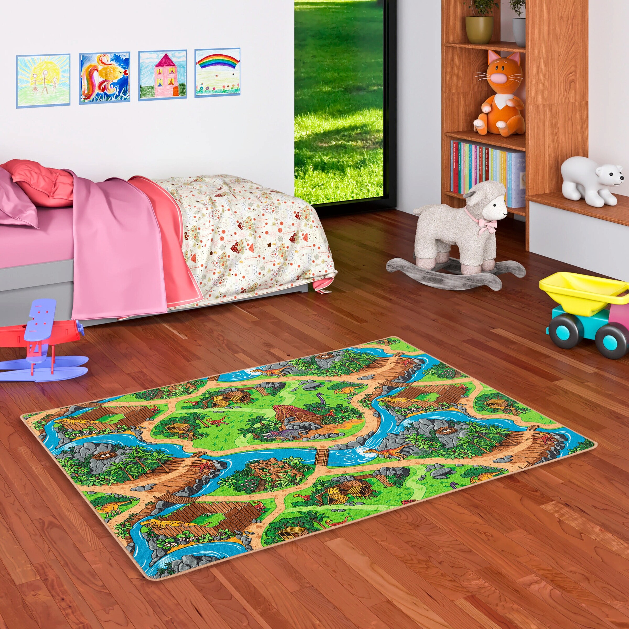 Pergamon Kinder Spiel Straßen Teppich Dino Welt Grün