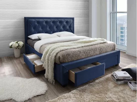 Lit avec tiroirs 160 x 200 cm - Tissu velours bleu - LEOPOLD