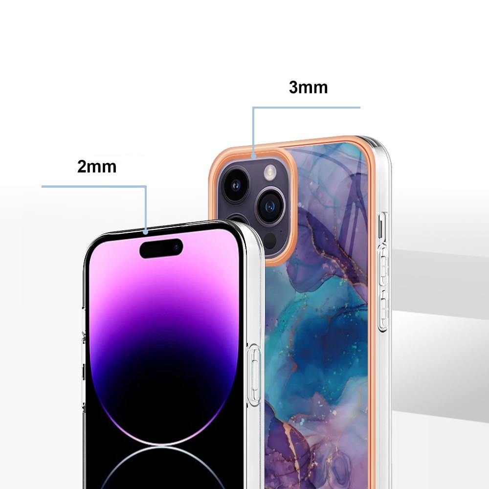 iPhone 14 Pro Gummi Case Hülle Galvanisierter Rahmen Marble Marmor Design - Lila / Blau / Roségold