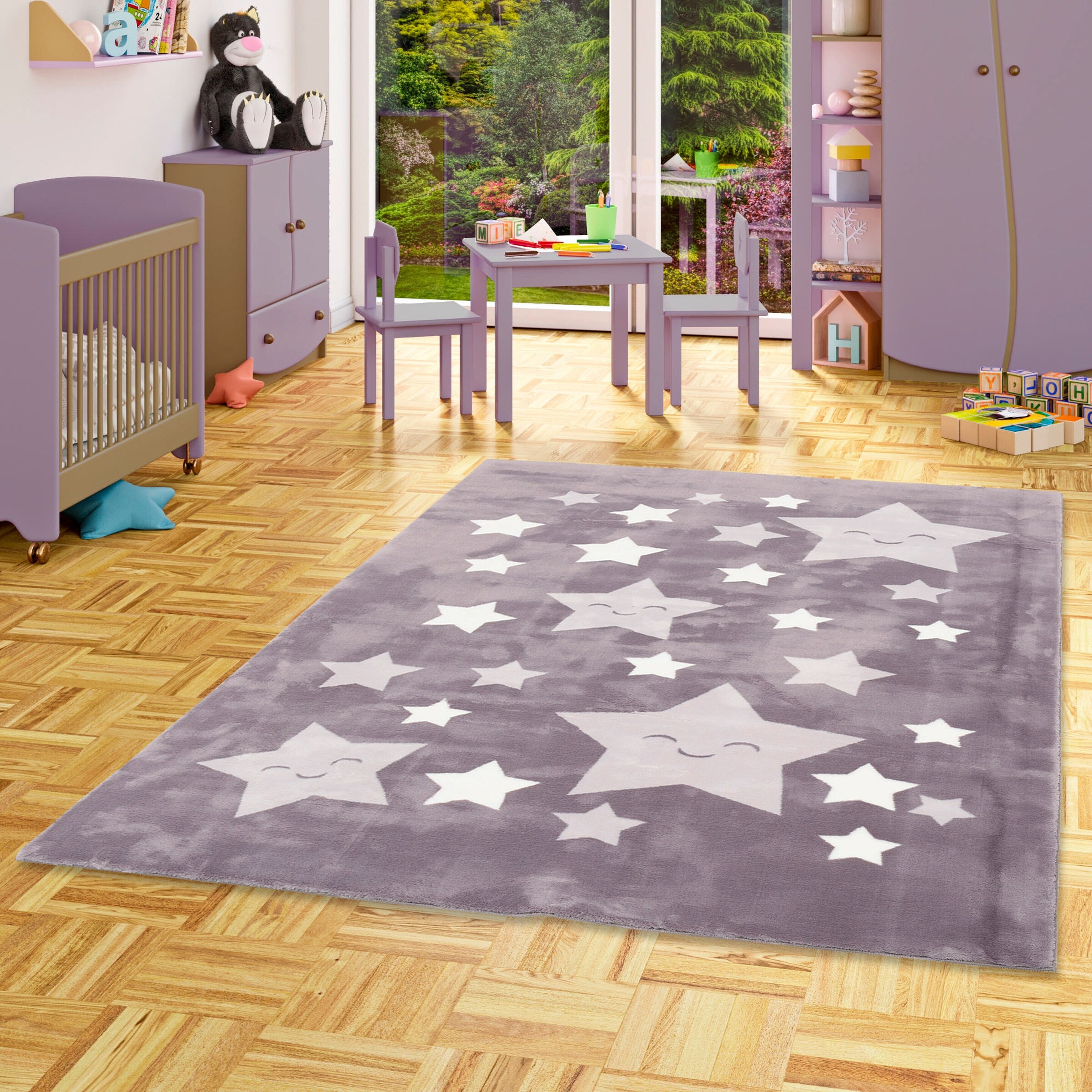 Pergamon Super Soft Fellteppich Pearl Kids Sterne Grau