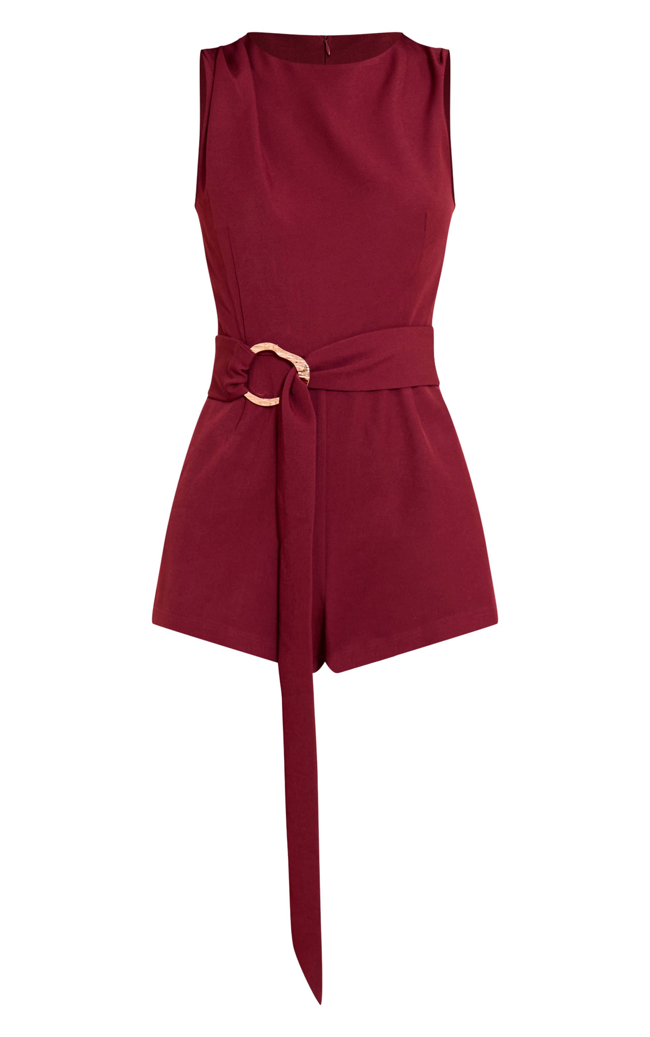 Rouge Bordeaux Combinaison-short Ceinturée En Tissu Tissé À Col Rond
