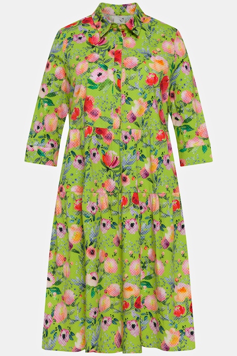 Hemdblusenkleid, Blumen, A-Linie, Hemdkragen, 3/4-Arm