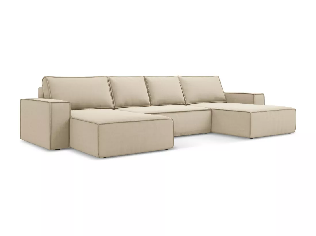 Canapé d'angle panoramique convertible en velours - beige clair - KIMO