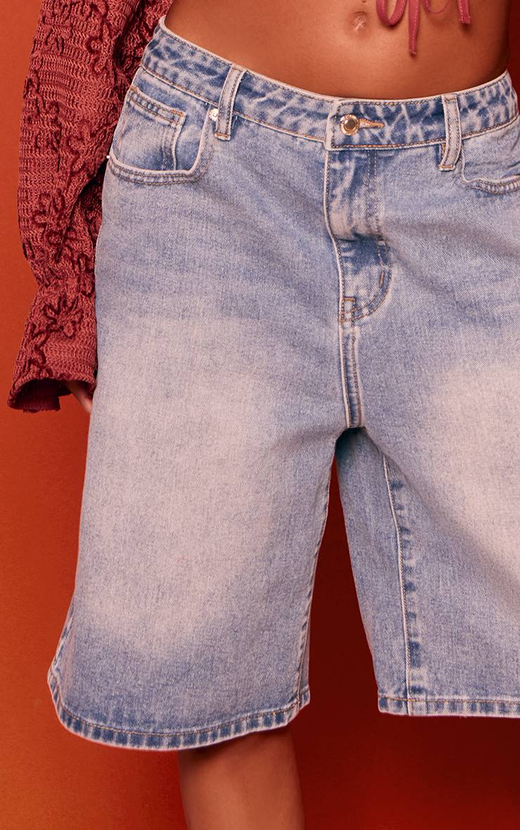 Mid Blue Wash Short Long En Jean Taille Basse Coupe Bermuda