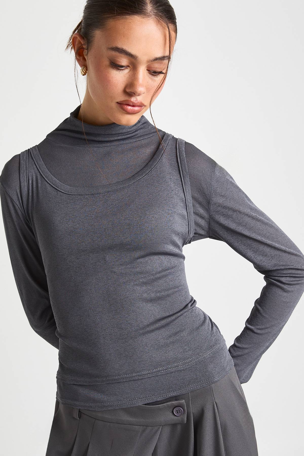 boohoo Haut Col Roulé 2 en 1 Transparent Texturé