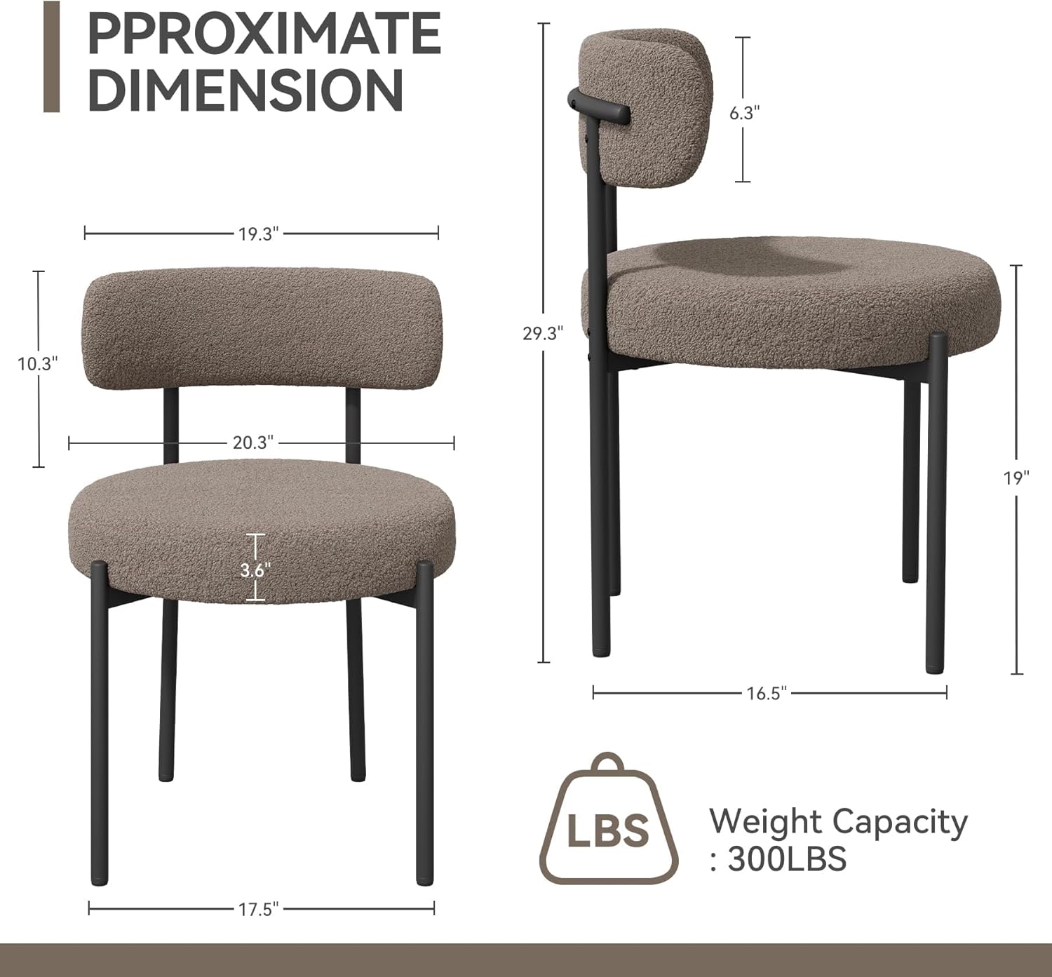 Esszimmerstühle 4er Set丨Teddy Stoff Runde Boucle Stühle·Mid-Century gepolsterte Küchenstühle·Dining Chairs mit Metallbeinen·Grau