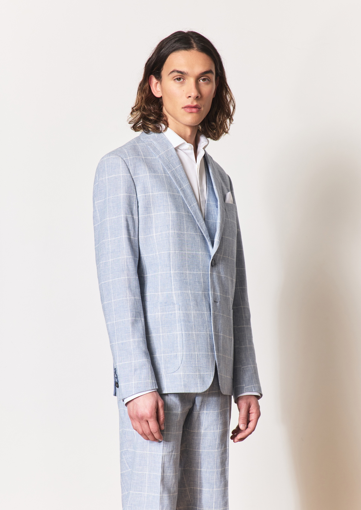 Veste coordonnable Regular en lin et coton bleu glacier Prince de Galles