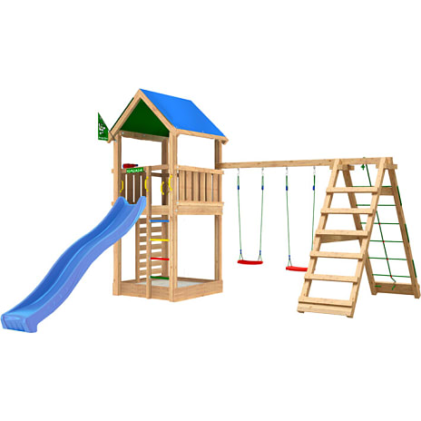 Jungle Gym Lodge 2.1 legetårn inkl. Climb Module og blå rutsjebane