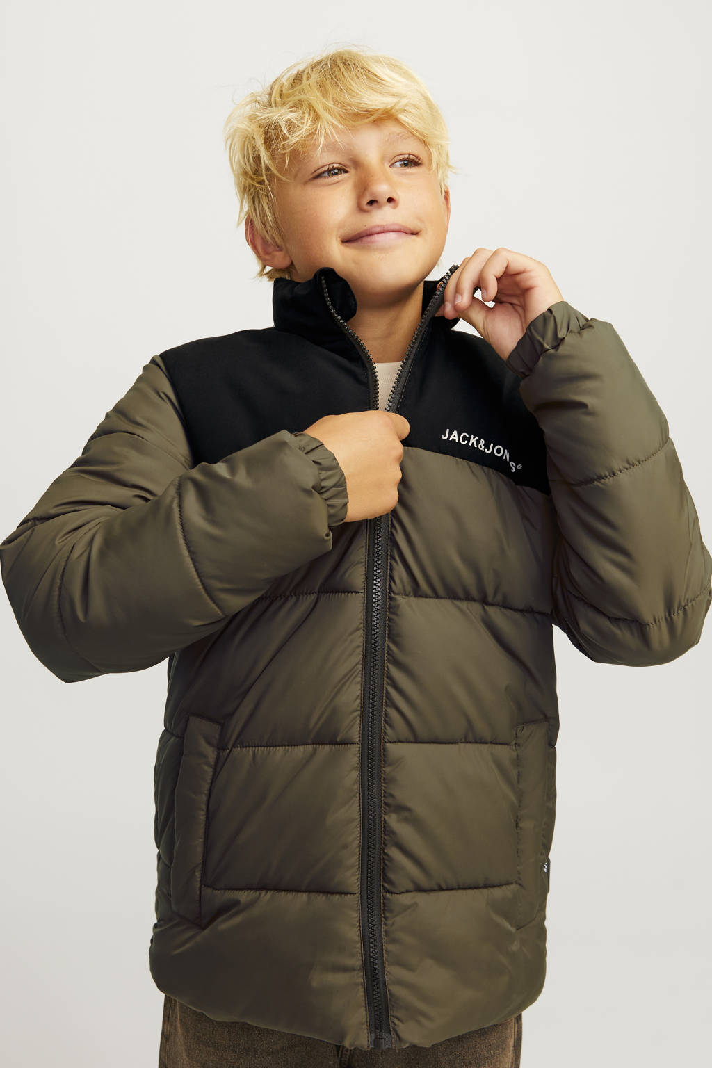 JACK & JONES gewatteerde jas olijfgroen/zwart
