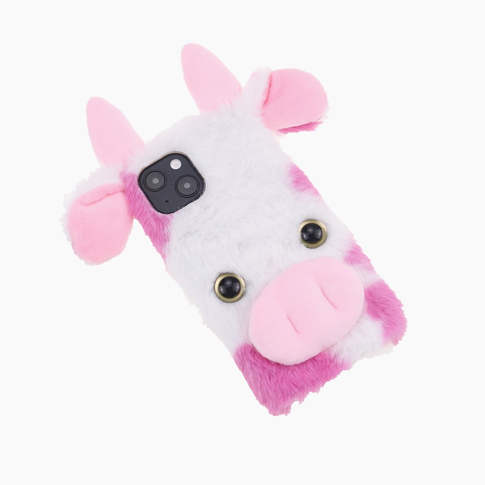 iPhone 13 3D Gummi Plüsch Case Hülle mit Flauschiger Kuh - Pink / Weiss