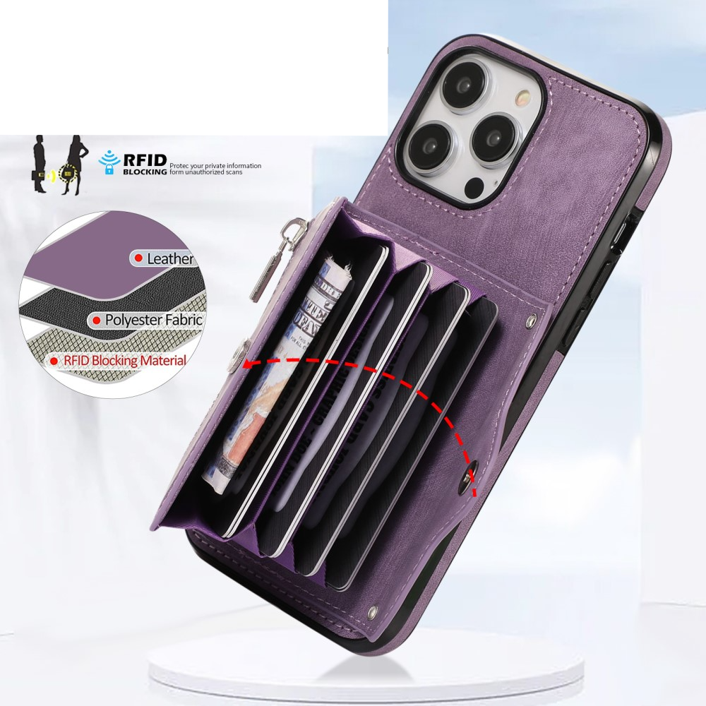 iPhone 14 Pro Necklace Leder Schutz Hülle mit Kartenfächer   Handykette (RFID Schutz) - Lila