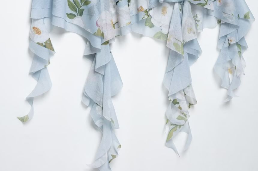 Cumulys - Spaghettibandjes bloemenprint ruches asymmetrische mini A-lijn jurk