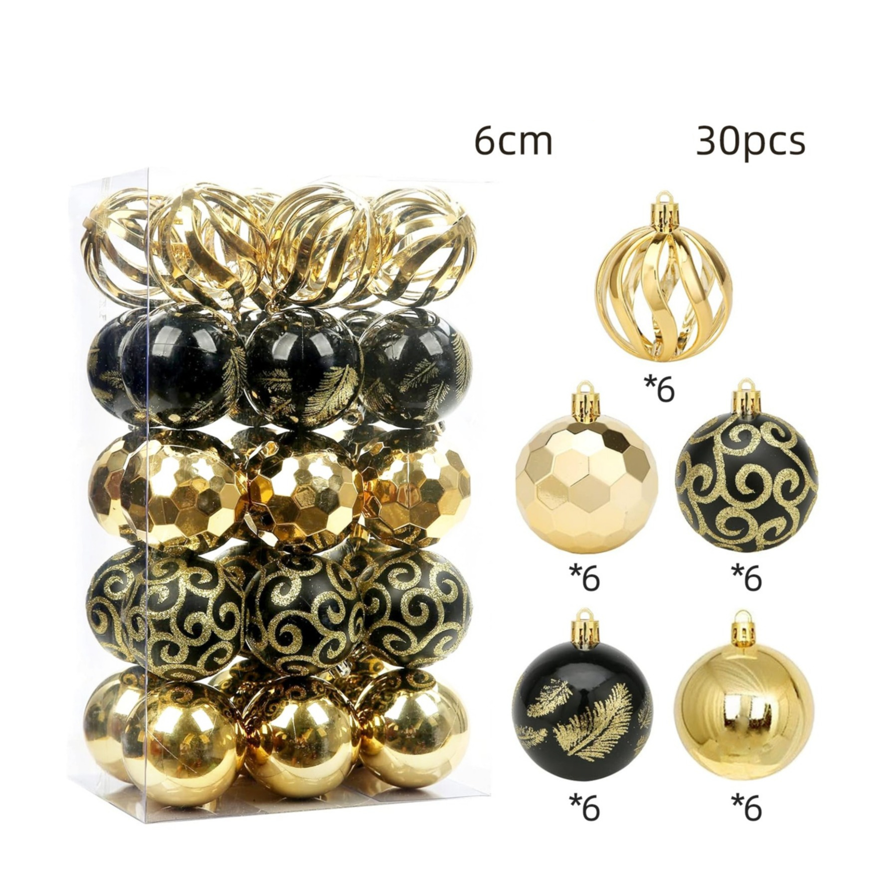 (30er Set) Ø6cm Christbaum Schmuck Glitzer Weihnachtskugeln Tannenbaum Aufhänger Home Deko - Schwarz / Gold