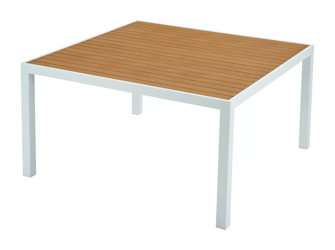 Salle à manger de jardin en aluminium : une table carrée L.140 cm et 4 fauteuils empilables - Naturel clair et gris - MACILA de MYLIA
