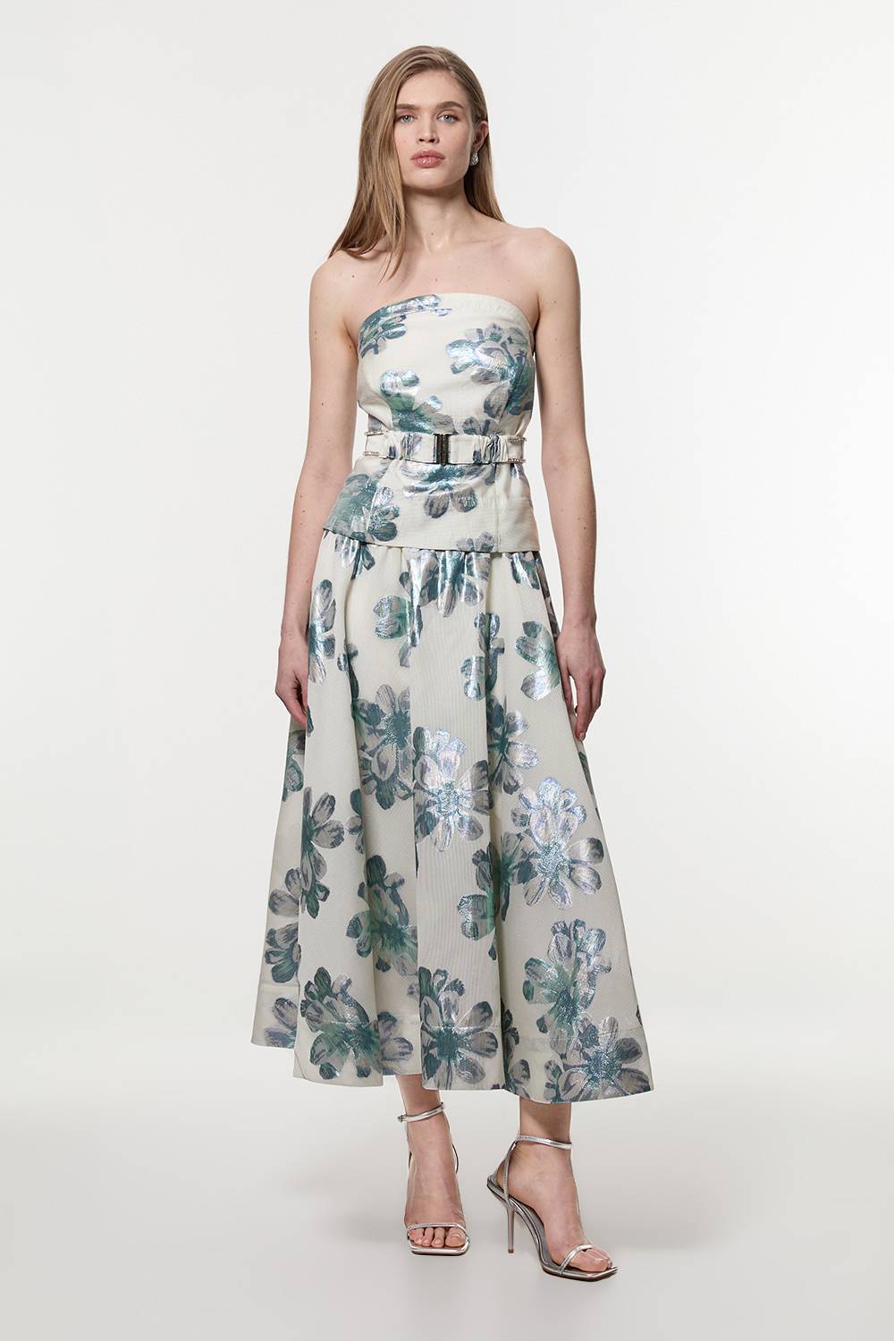 KarenMillen Robe de bal longue en jacquard métallique avec détail au corsage et garniture de diamants