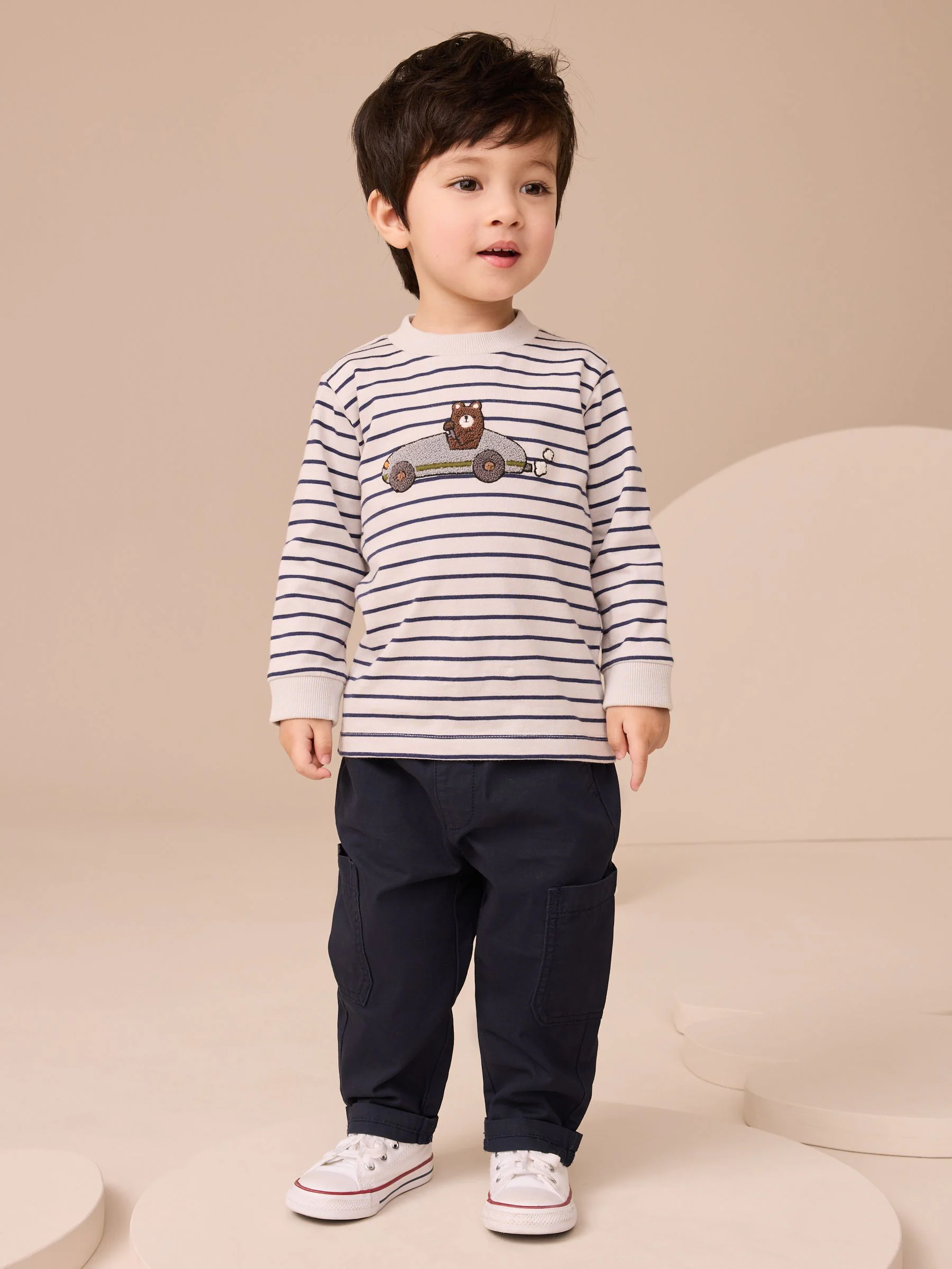 Wit/blauw gestreepte berenauto - T-shirt met applicatie en lange mouwen (3 mnd-7 jr)