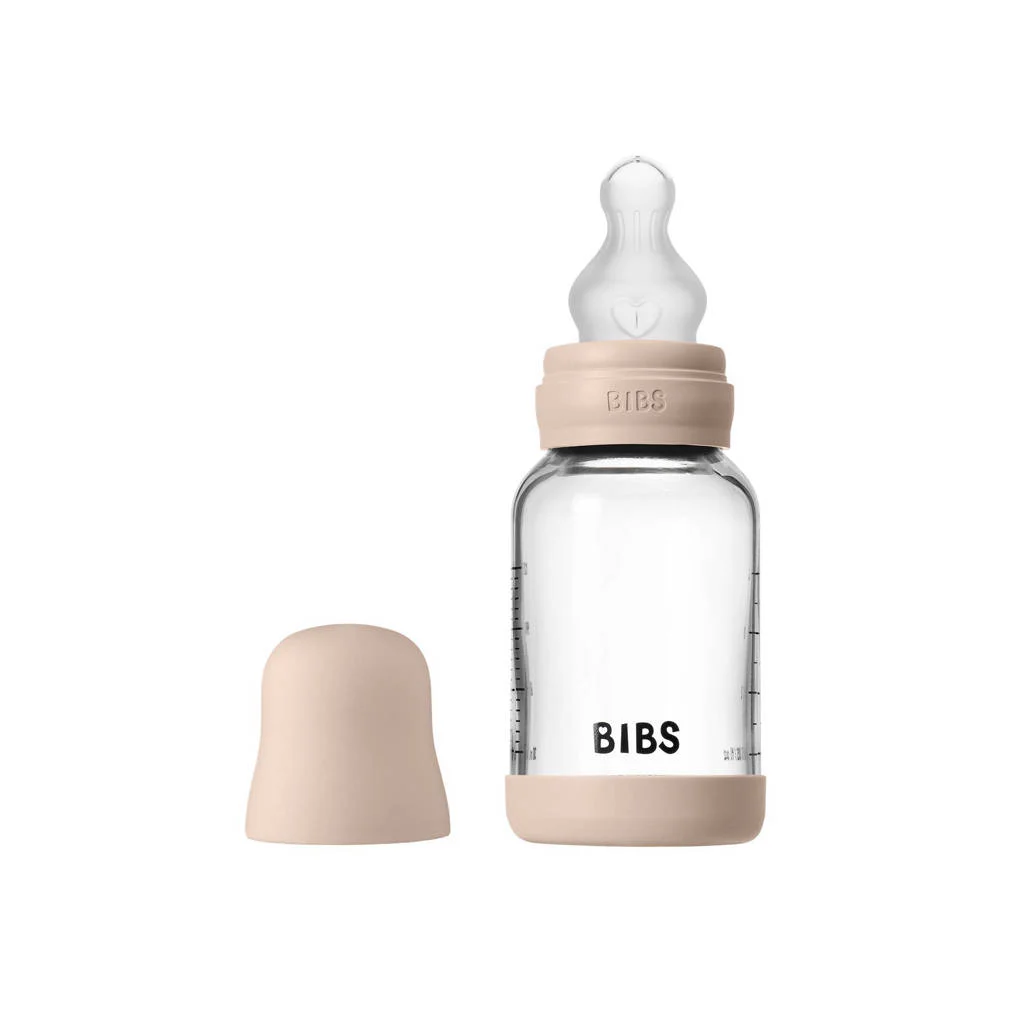 BIBS Glazen Babyfles - 120 ml - Blush - met silicone speen en opvouwbare trechtertje