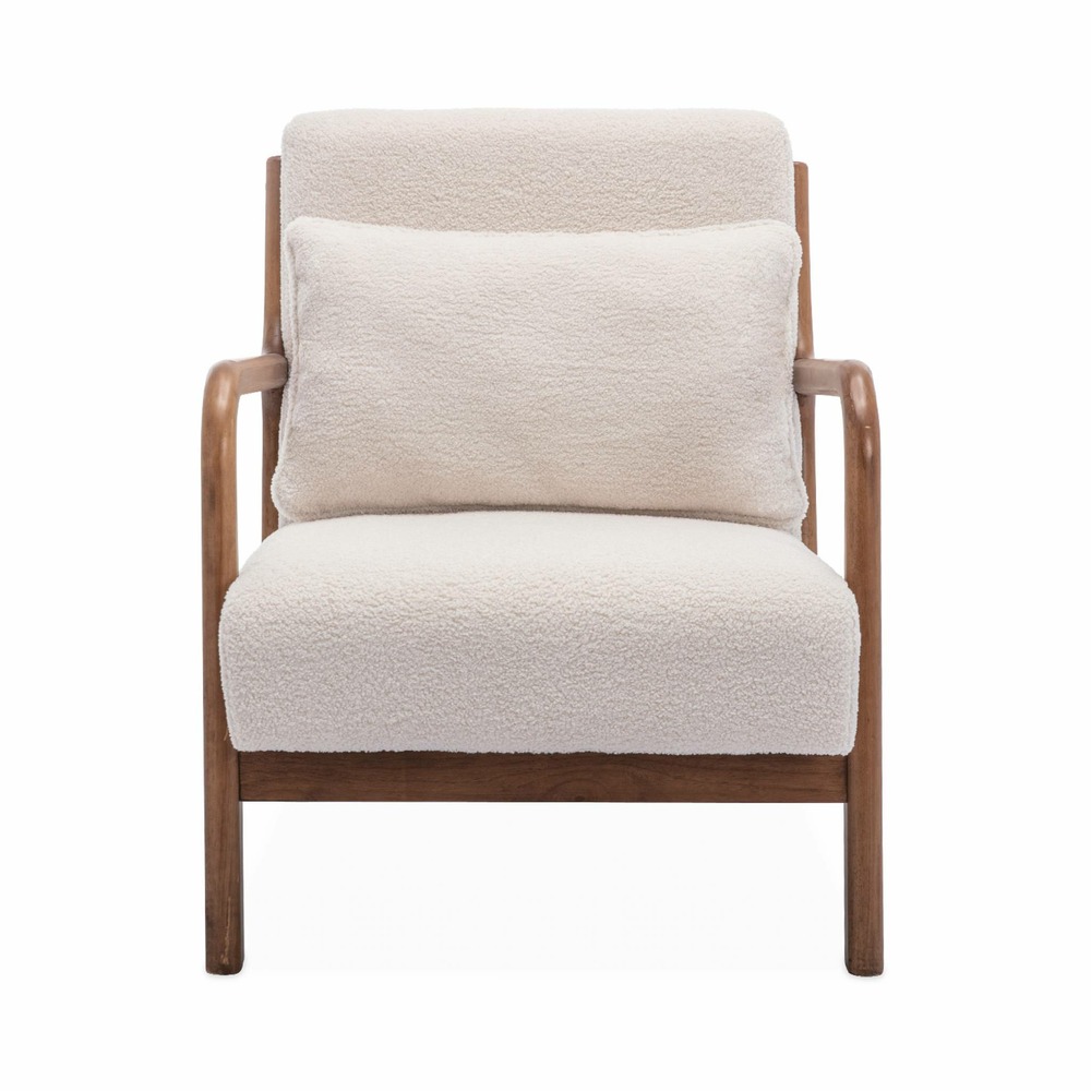Fauteuil à bouclettes . Pieds bois d'hévéa teinté noyer clair. 1 place droit fixe. Pieds compas scandinave. Structure en bois solide