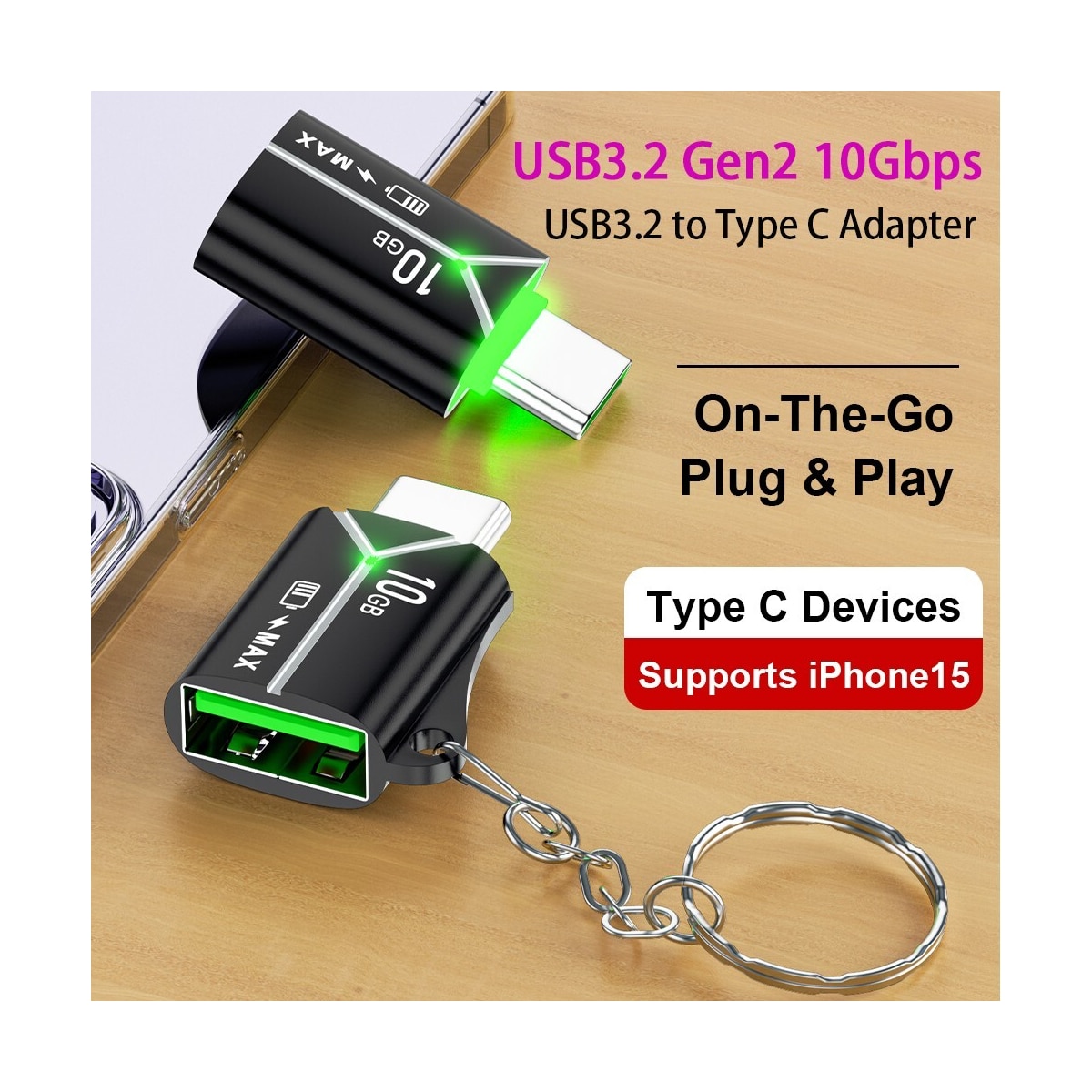 NÖRDIC USB-A OTG hunn til USB C hannadapter USB 3.2 Gen 2 10 Gbps, svart