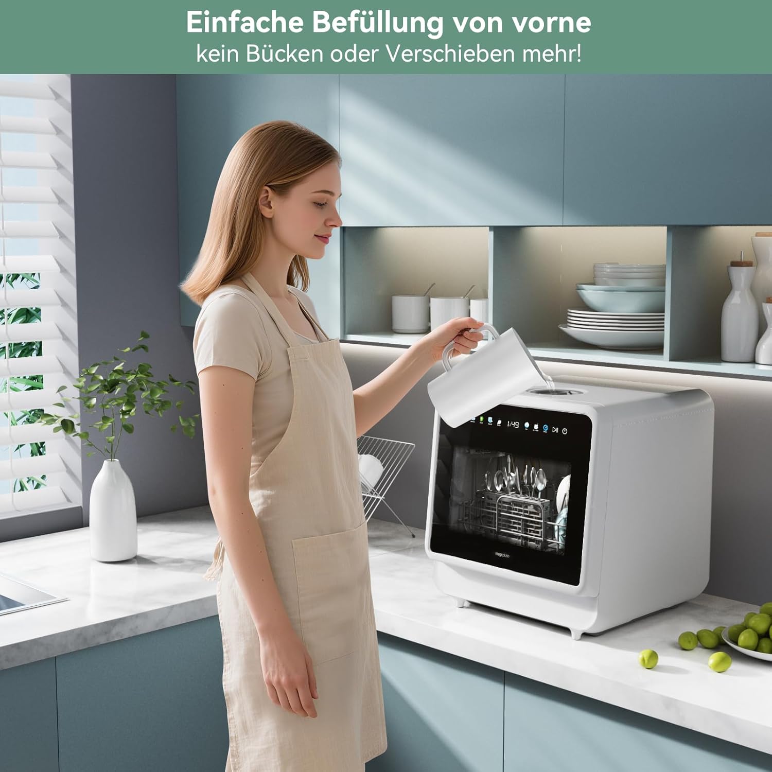 Mini Geschirrspüler ohne Wasseranschluss, Tischgeschirrspüler mit Farb-Touchscreen, Kleine Spülmaschine mit 3 Sprüharme, 5 Gedecke, 5+3 Programme, Energieklasse C