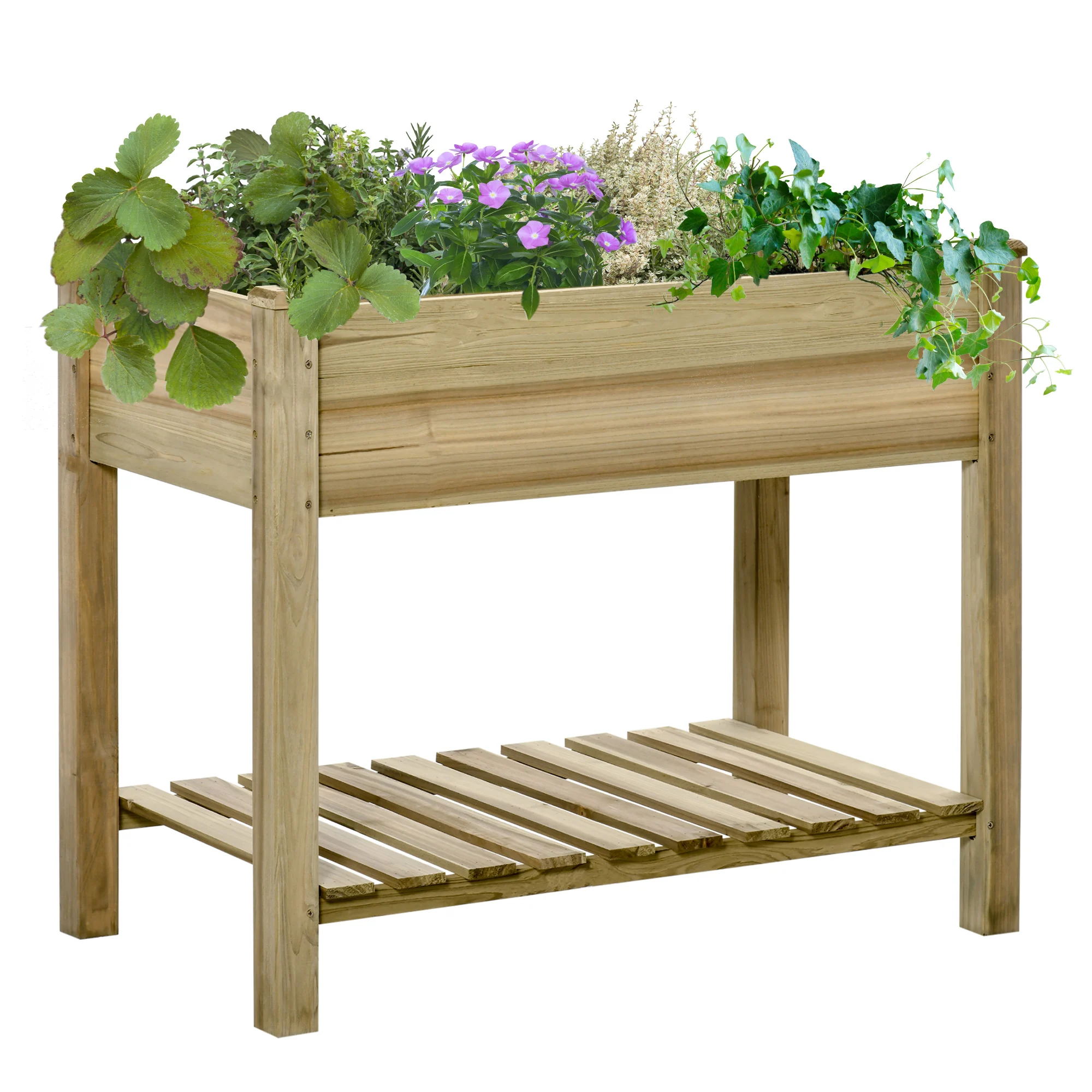 Mesa de cultivo retangular de madeira Outsunny Urban Garden com prateleira, 91x51x76 cm, com orifícios de drenagem para cultivo de plantas, ideal para jardins, terraços e áreas externas. Cor natural.