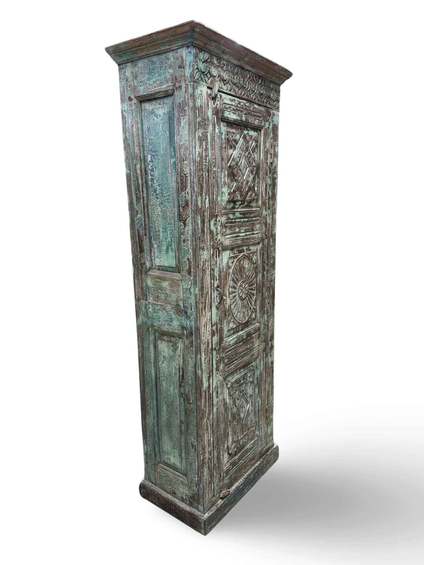Kast 1 deur groen/blauw snijwerk uniek