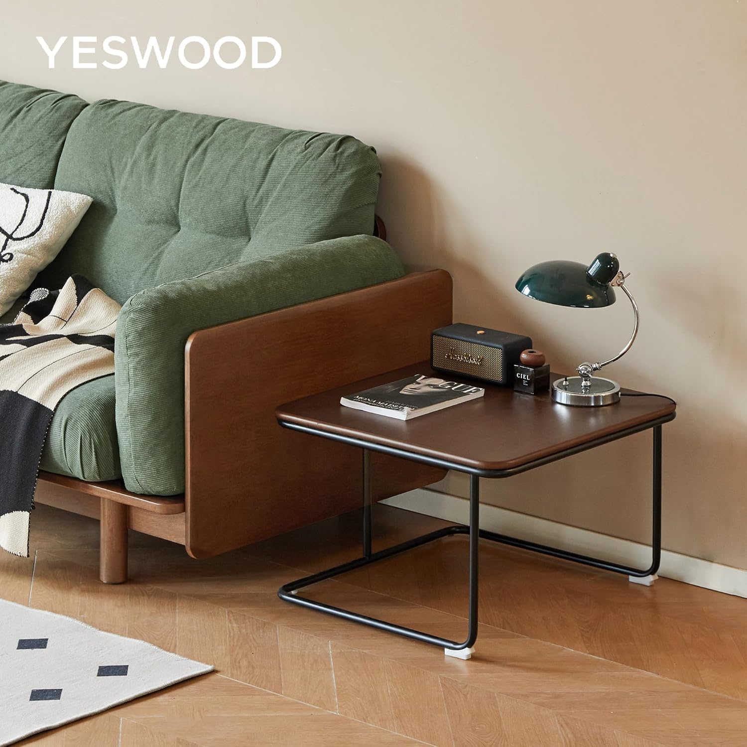 YESWOOD Massivholz Couchtisch 2 Set mit großem Stauraum, quadratischer Beistelltisch 2er Set, Kombinierbar, im Bauhaus-Stil, Tischplatte aus Keramik, für Wohnzimmer, Gummiholz in Walnussfarbe