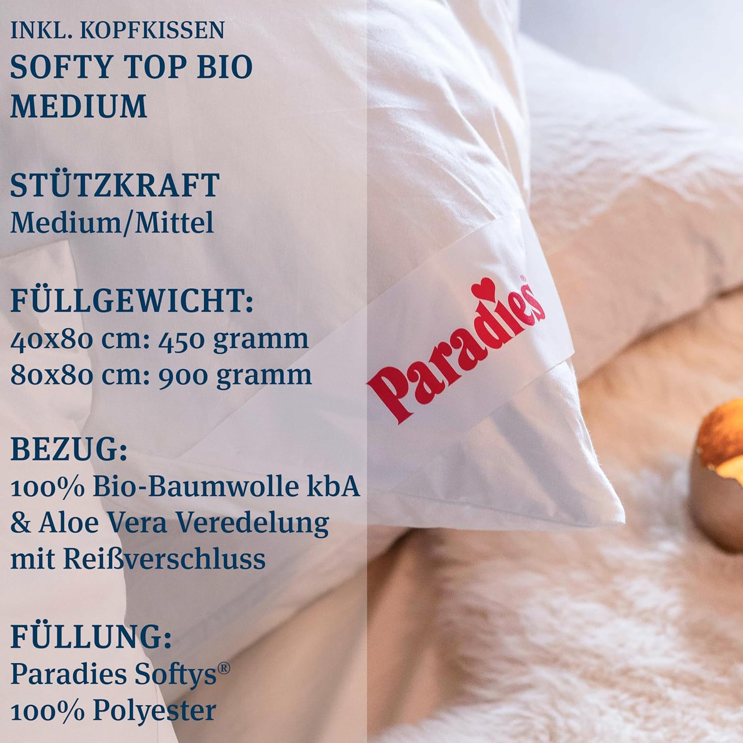 PARADIES Bettdecke 135x200 Set mit Kissen 80x80 - Prima Bio Ganzjahresdecke + Softy Top Bio medium Kopfkissen, Bettzeug 135x200 Set