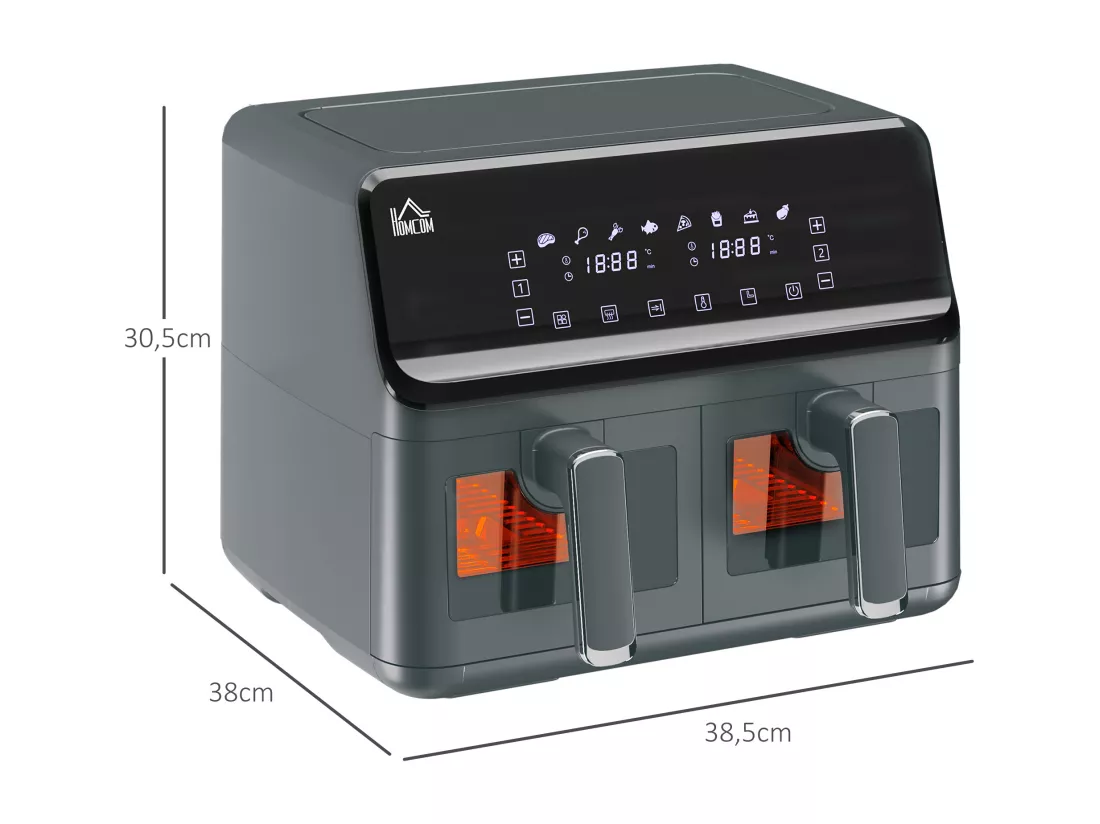 Friteuse à air 2 paniers 2500W 8L - air fryer multifonction 8 programmes - température réglable - timer 60 min. - noir