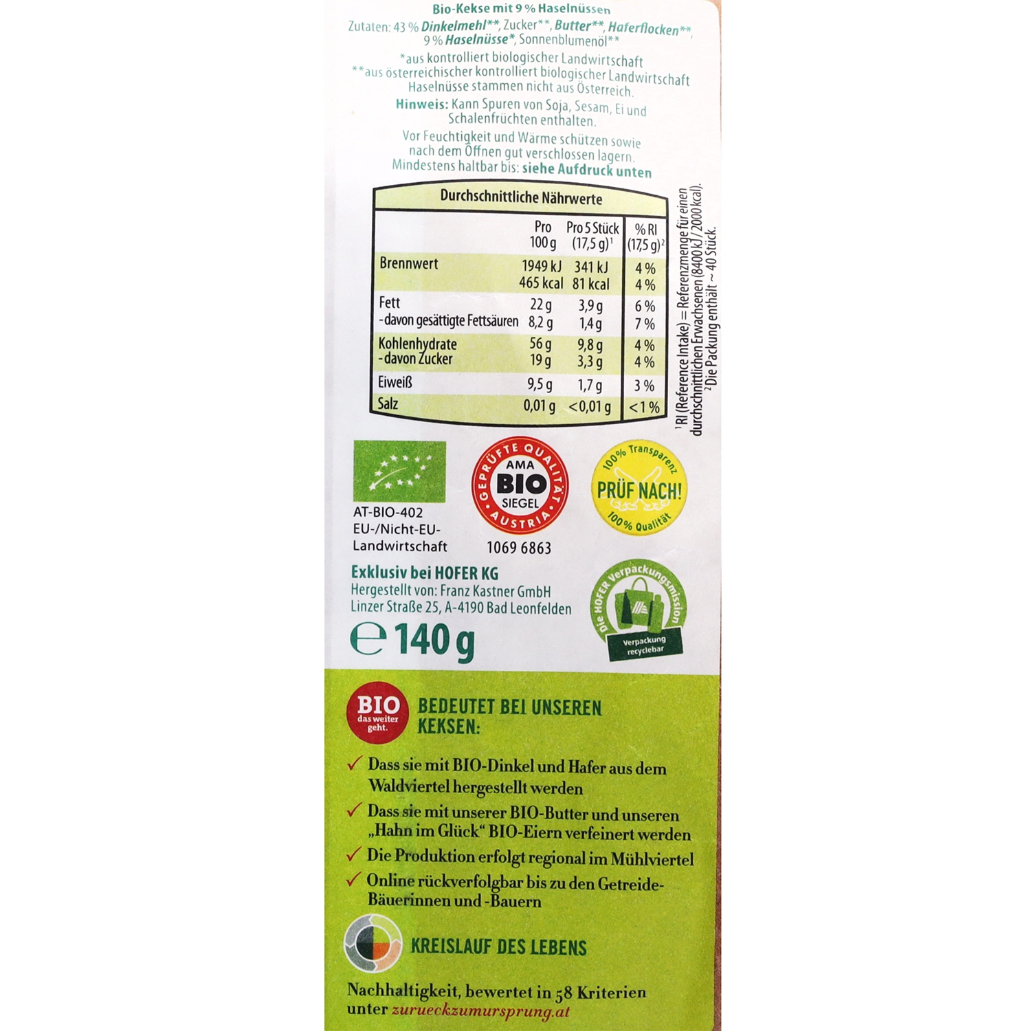 ZURÜCK ZUM URSPRUNG BIO-Kekse, Haselnuss 140 g