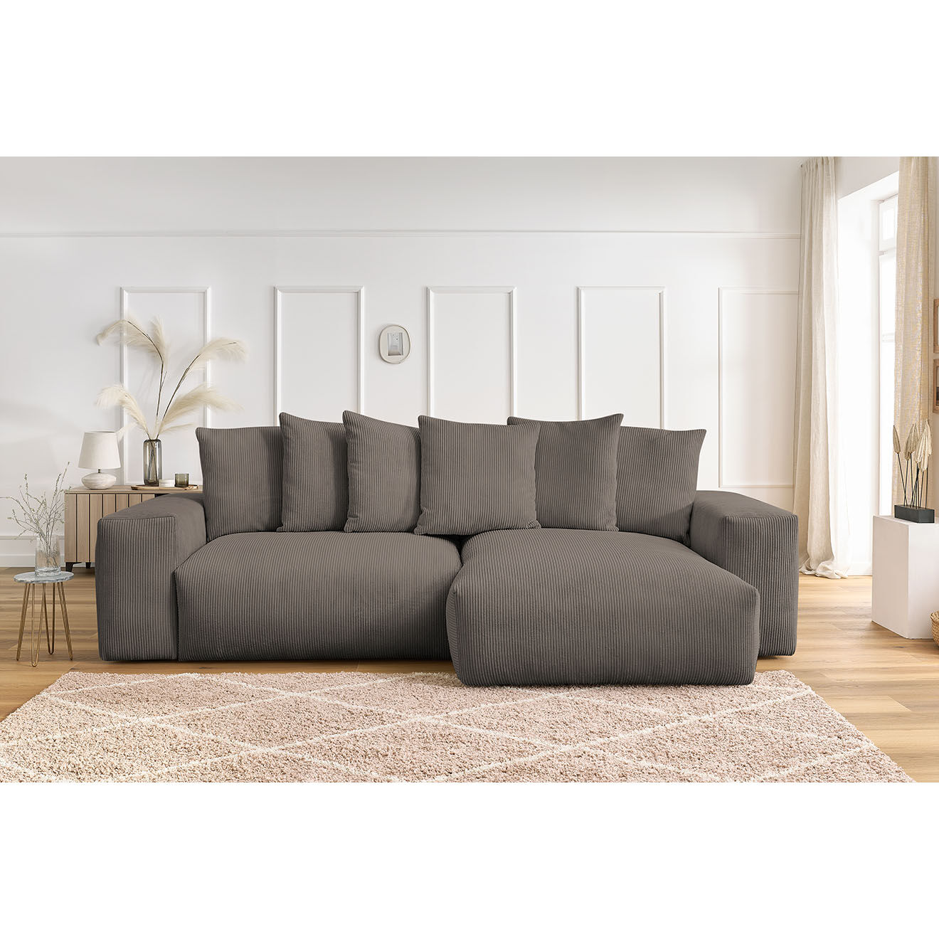 Bobochic Canapé d'angle réversible ultra moelleux voltaire velours côtelé taupe - 310x174x75 cm